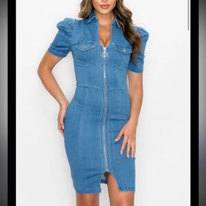 Mele e Pere Denim Zip-Front Midi Dress with Puff Sleeves